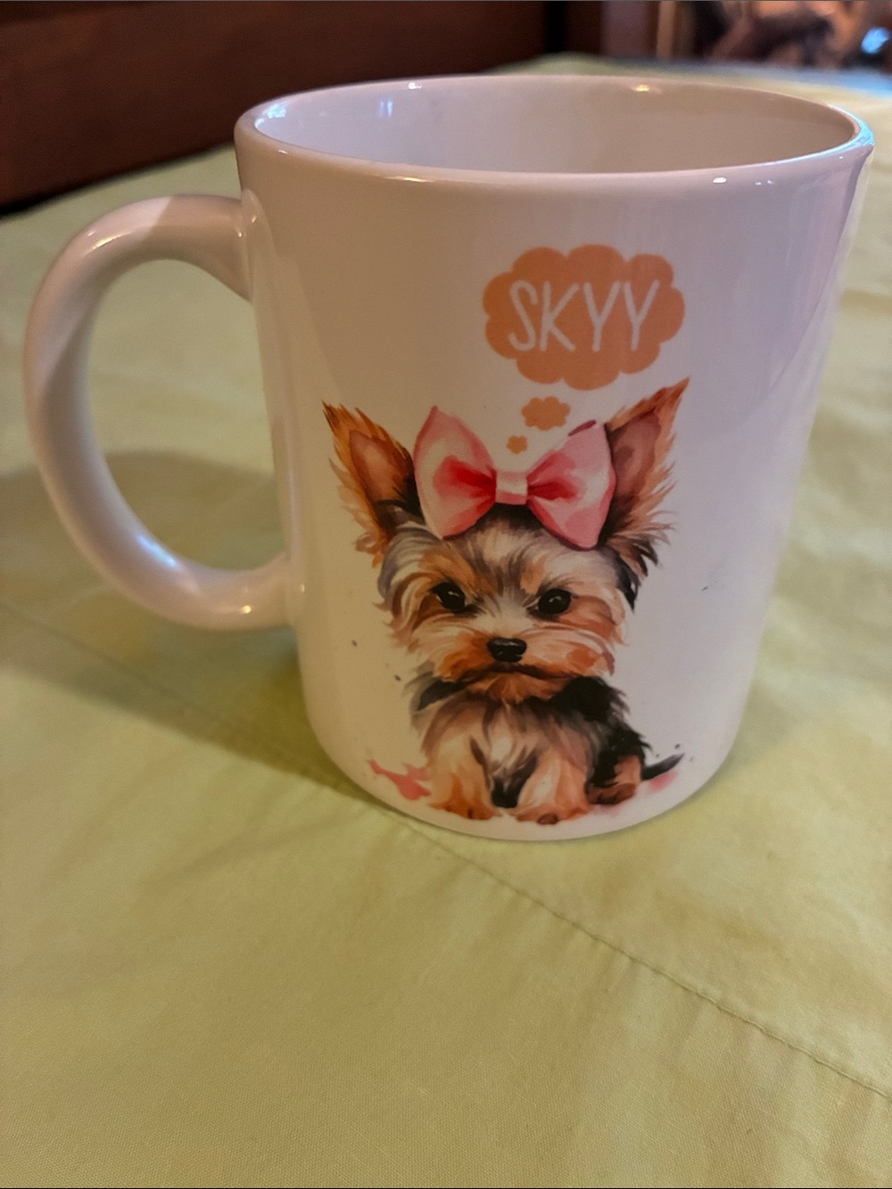Skyy White Ceramic Dog Mug with Pink Bow Accent